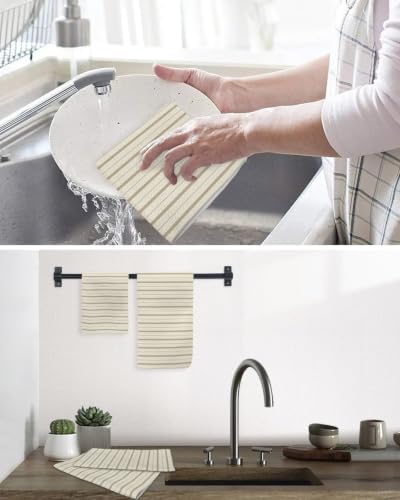 Beige Brown Striped Dish Towels Set, Waffle Weave Kitchen Towels
