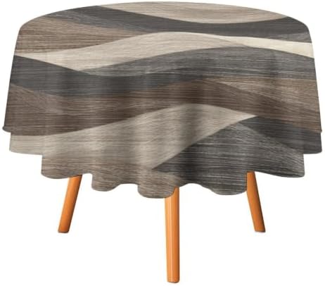 Round Tablecloth Rustic Wave Line, Washable Beige Texture Table Cover