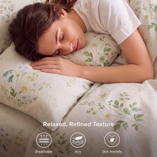 Linen Cotton Duvet Cover Set Queen Size, Green Floral Bedding Set