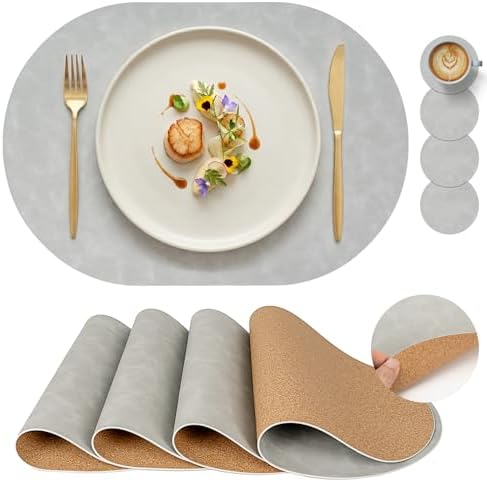 Oval Faux Leather Placemat & Coaster Set with Innovative Cork-Look