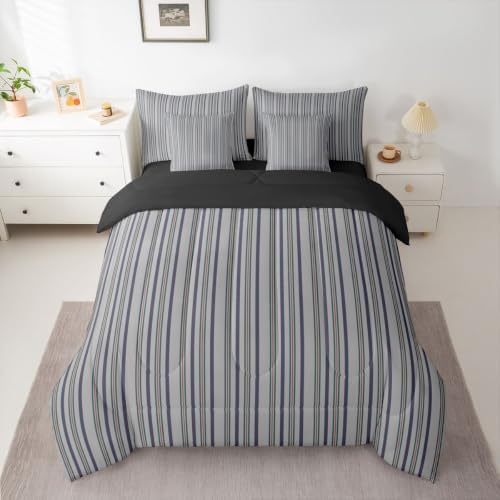 Erosebridal Gray Stripes King 7-Piece Comforter Set | Men Women Kids