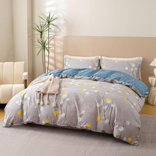 OAITE King Duvet Cover Set 3pcs 100% Cotton Grey Abstract Branch