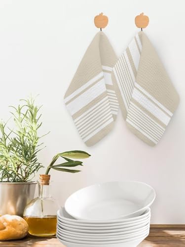 Farmhouse Beige Striped Waffle Kitchen Towel Set of 3 Modern