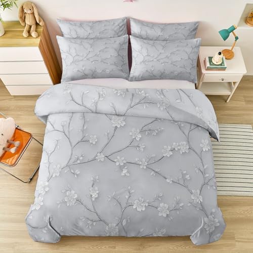 Light Gray Duvet Cover King - Ink Painting Flowers Plants Vines