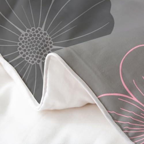Feelyou Pink Gray Floral Boho Duvet Cover 100% Cotton Queen Size