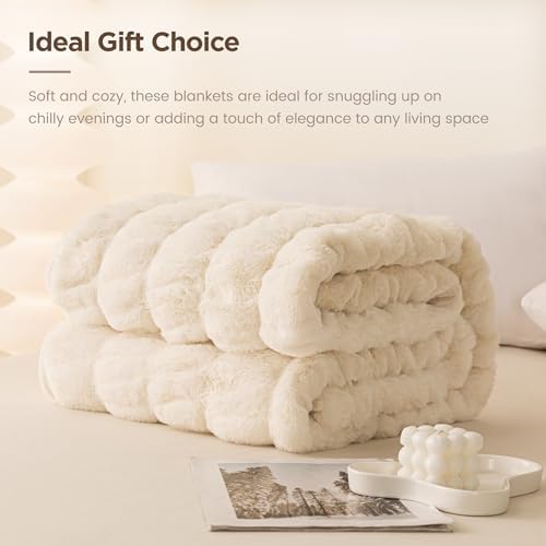 Sophia & William, Ruched Wavy Faux Fur Throw Blanket, 60 x 80, Cream