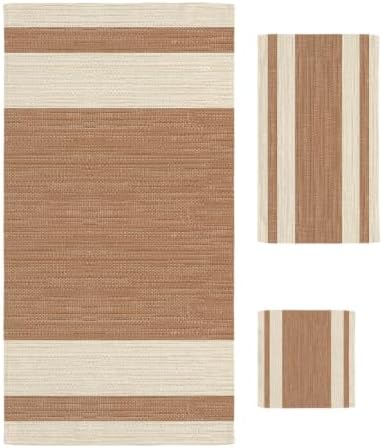 Bath Towels Set of 3 Orange Beige Linen Stripes Bath Towel Hand Towel