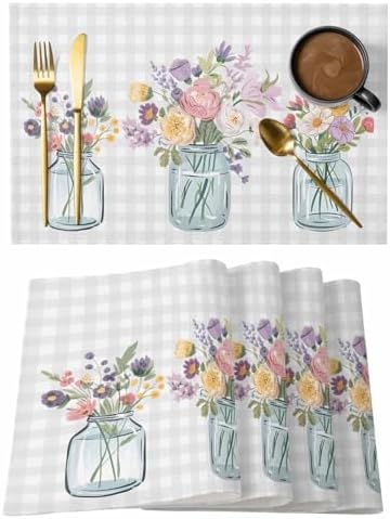 Flowers Plants Placemats Set of 8, Watercolor Spring Floral Farmhouse