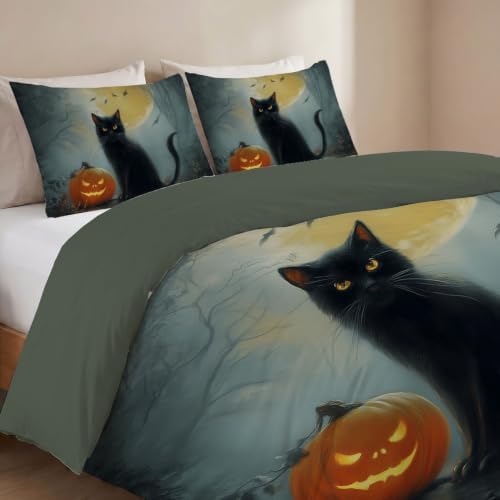 Charcoal Gray Halloween Black Cat Pumpkin Duvet Cover Set For Women
