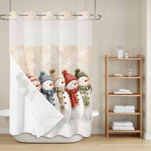 No Hook Christmas Snowman Shower Curtain with Snap in Liner Set, Xmas