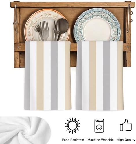 Beige Grey Striped Kitchen Towels Set of 3, Absorbent Microfiber Dish