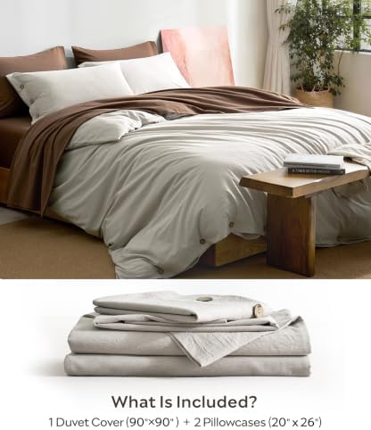 JELLYMONI 100% Washed Cotton Natural Gray Duvet Cover Queen