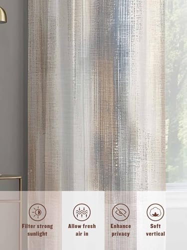Beige Gray Sheer Curtains 63 Inch Length 2 Panels, Abstract Grunge