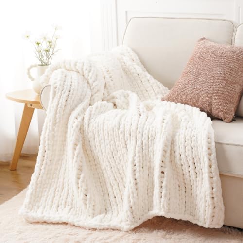 Chunky Knit Throw Blanket for Couch, White Knit Throw Blanket, 50"x60"