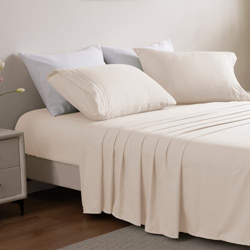 4 Piece Queen Bed Sheet Set, Washed Fitted Sheet, Flat Sheet,2