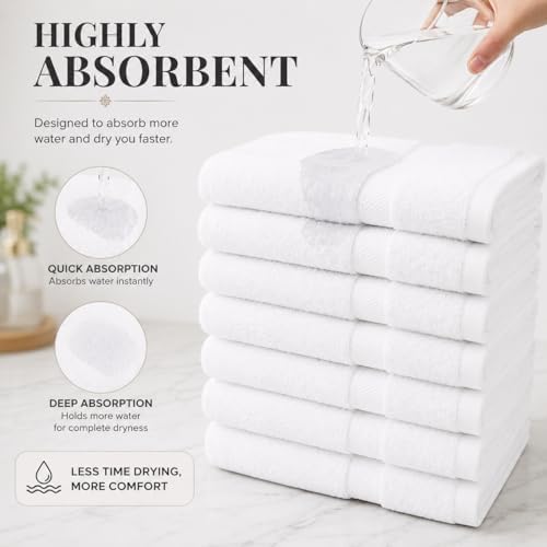 White Hand Towel Pack of 6, 28x16 Inches | 100% Ringspun Cotton