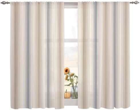 Brown Gray Striped Sheer Curtains 63 Inches Long, Modern Boho Stripes