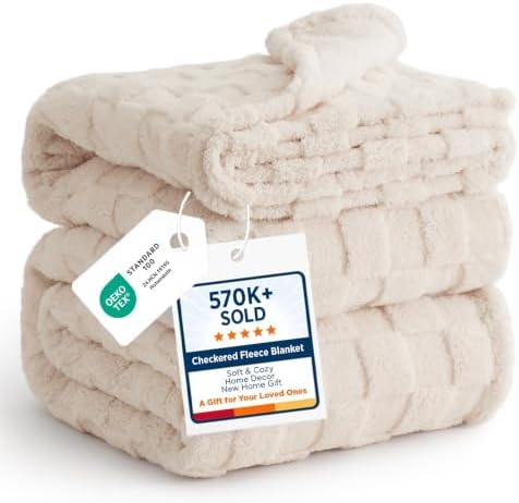 Bedsure Checkered Soft Cozy Queen Blanket for Bed, Cream, 90"×90"