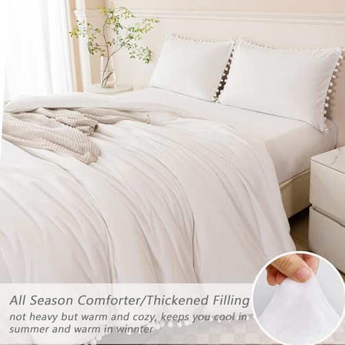 PERFEMET Ivory Bed in A Bag Queen 5 Pieces Pom Pom Boho Bed Set for