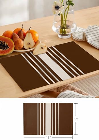 Modern Table Runner and Placemats Set of 6 Brown Striped Linen Texture