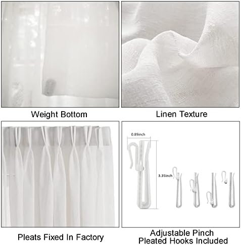 Sheer Curtains 108 inches Long, Faux Linen Pinch Pleated Window Sheer