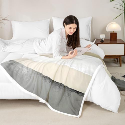 jejeloiu Gray Beige White Sherpa Blanket Plush Fuzzy Modern Abstract