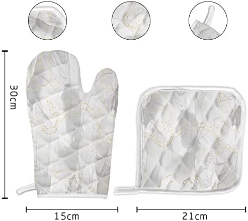 Quilted Cotton Terry Cloth Oven Mitt, Pot Holder Grey Marble Pattern