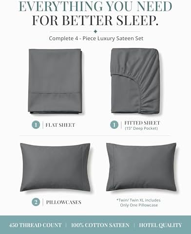 450TC 100% Cotton King Sheet Set - Silky Smooth Sateen Weave, Charcoal