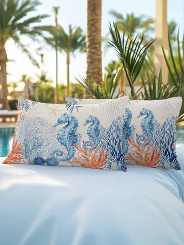 Throw Pillows 12x20 Set of 2, Blue Red Seahorse Coastal Waterproof