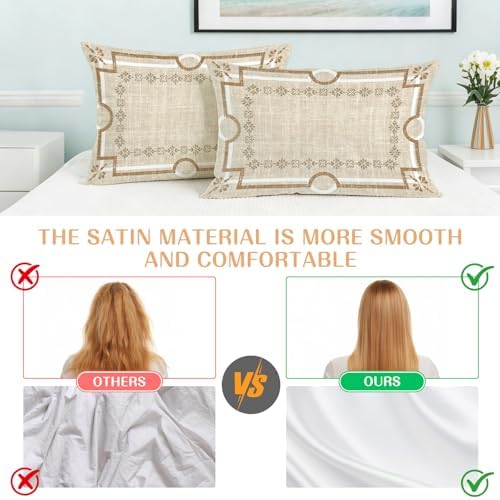 Pale Brown Botanical Pillow Cases Queen Size Set of 2, Smooth Satin