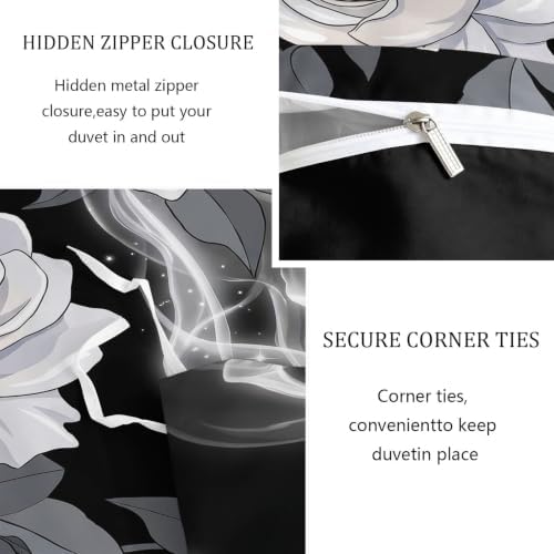 King Duvet Cover Set Plant White Rose Leaves Soft Microfiber
