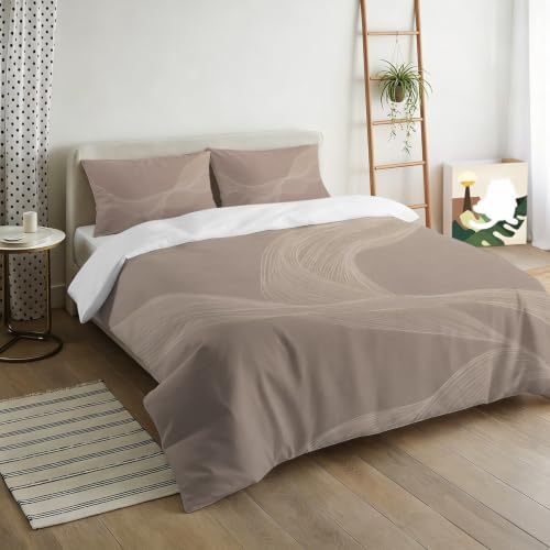 Warm Taupe Line Art Duvet Cover Queen Size, Modern Abstract Art Luxury