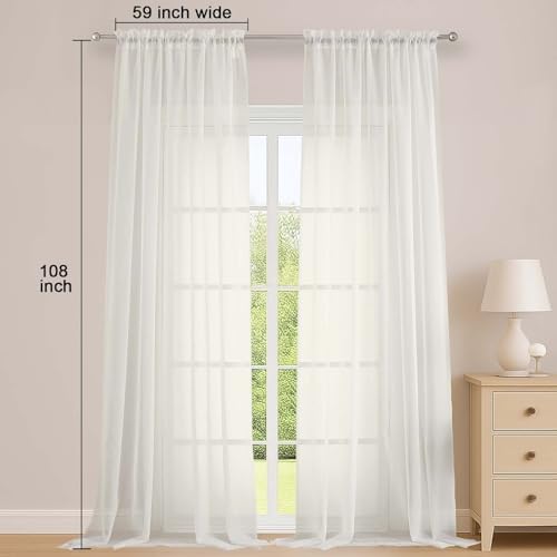 OWENIE Ivory Sheer Curtains 108 Inch Long 2 Panels for Living Room 59"