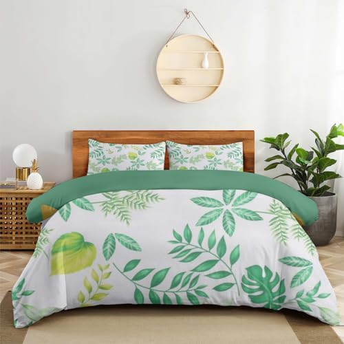INFLAG Duvet Cover Green Botanical Leaf Printed Reversible, Bedding