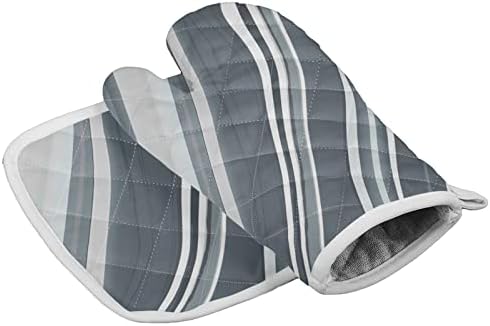 Oven Mitts and Pot Holder Set for Kitchen, Grey and White Lines