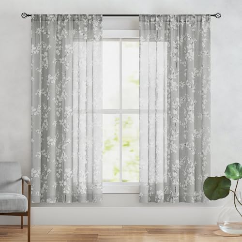 FMFUNCTEX Linen Sheer Blossom Floral Print Curtains Grey 63 Inch 2