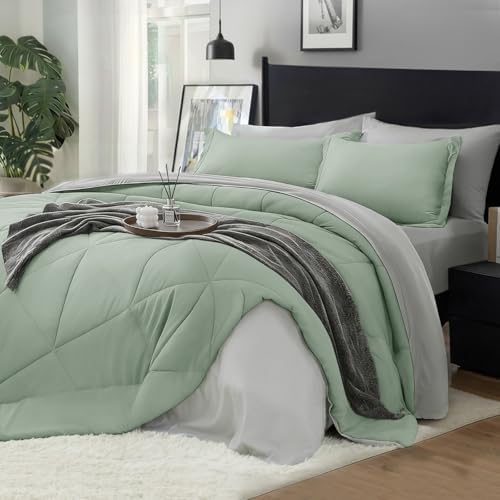 BEDELITE Cal King Comforter Set 7 Pieces, Sage Green Bed in A Bag
