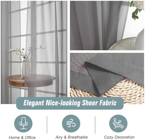 Grey Sheer Curtains 63 Inch Length 2 Panels, Voile Sheer Curtain for