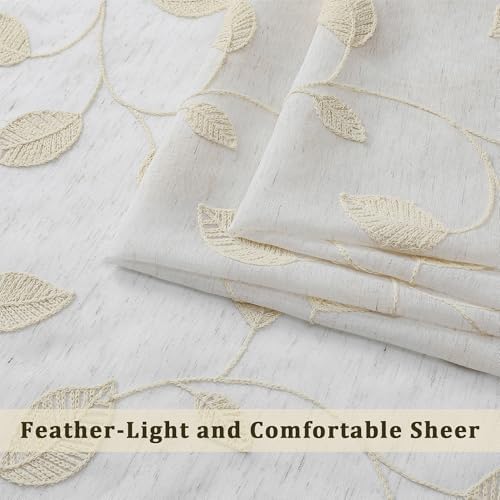OVZME Natural Sheer Curtains 63 Inch Length 2 Panels Set, Leaf