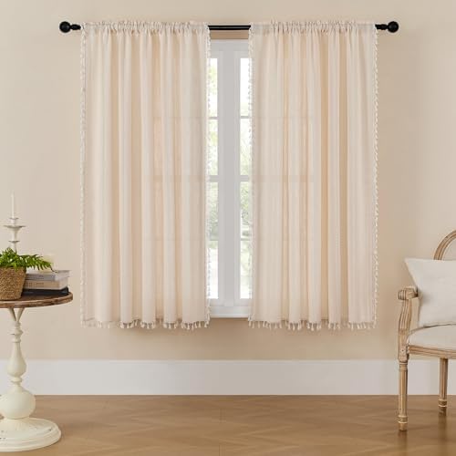 MitoVilla Cream Boho Farmhouse Living Room Curtains 63 Inch Length 2