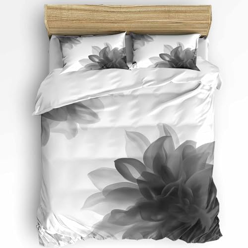 Duvet Cover Set Full, Abstract Gray Floral Flower on White 3 Piece