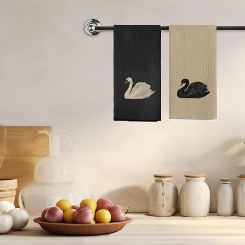 Vintage Black and White Swan Kitchen Towels, Neutral Black and Beige