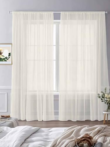 Solid Color Sheer Curtains 108 Inch Long, Beige Light Filtering Rod