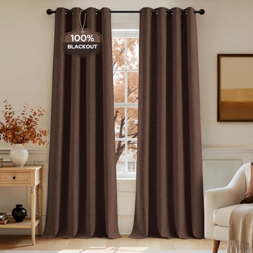 HOMEIDEAS 100% Blackout Brown Linen Curtains 52W x 96L 2 Panels