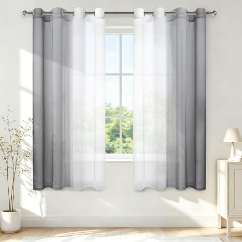 Semi Sheer Curtains 63 inches Long for Living Room Ombre Gray