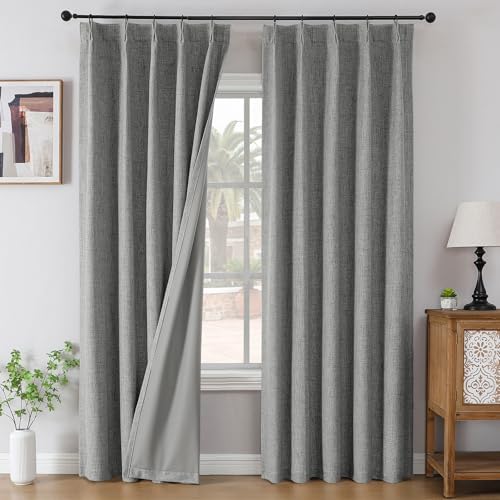 Joydeco Light Grey Pinch Pleated Linen Curtains 108 Inch Long, 100%