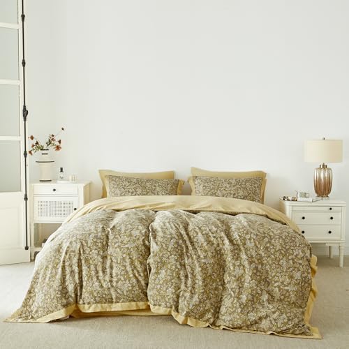 YuHeGuoJi Vintage Taupe Botanical Duvet Cover Queen 100% Cotton 3 Pcs