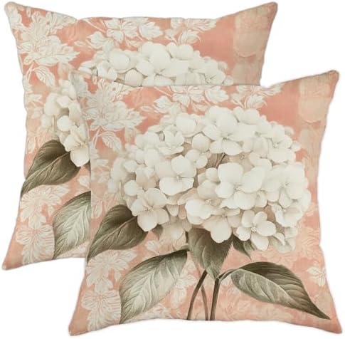 Floral Pillow Covers Set of 2, Peach Peach Hydrangea Decorative Throw