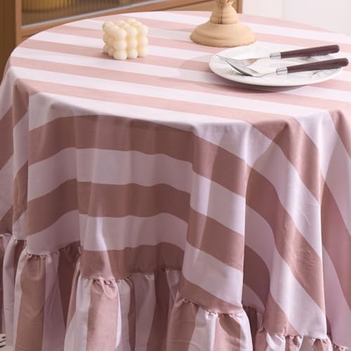 Beige and Khaki Striped Round Tablecloth 70 Inch Boho Ruffle Velvet