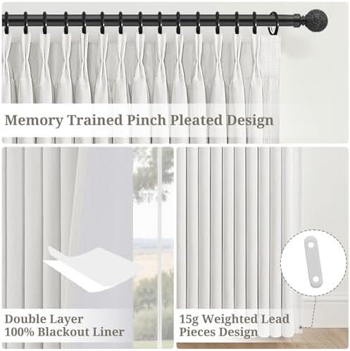 120 Inches Extra Long 50"W Beige White Blackout Curtains Pinch Pleated